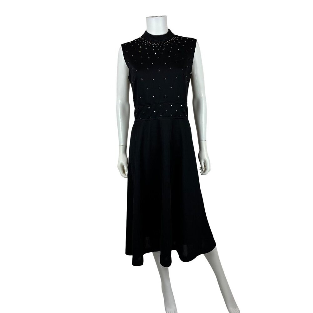 Vintage 70s Cocktail Dress Womens Medium Black Knit Silver Rhinestone Dolly Part - Picture 2 of 11